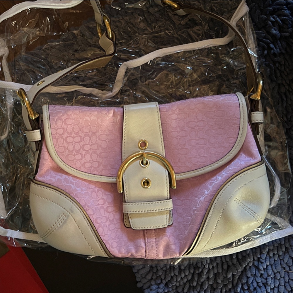 Coach Pink and White Signature Shoulder Bag with Gold Buckle